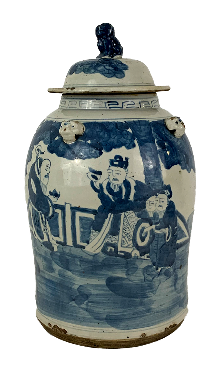 Porcelain blue white temple jar w/people