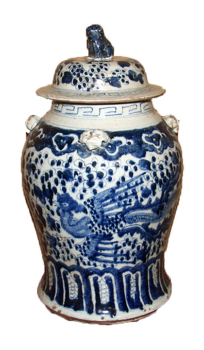 Porcelain blue white temple jar w/phoenix