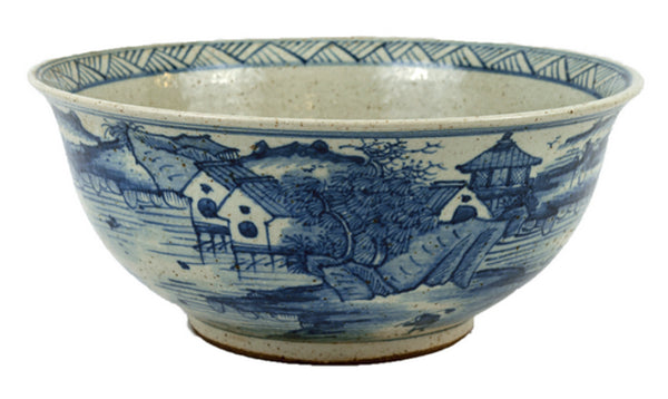 Porcelain blue white large bowl w/village