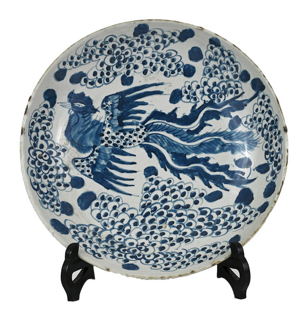 Porcelain blue white small round plate w/phoenix