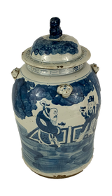 Porcelain blue white temple jar w/people