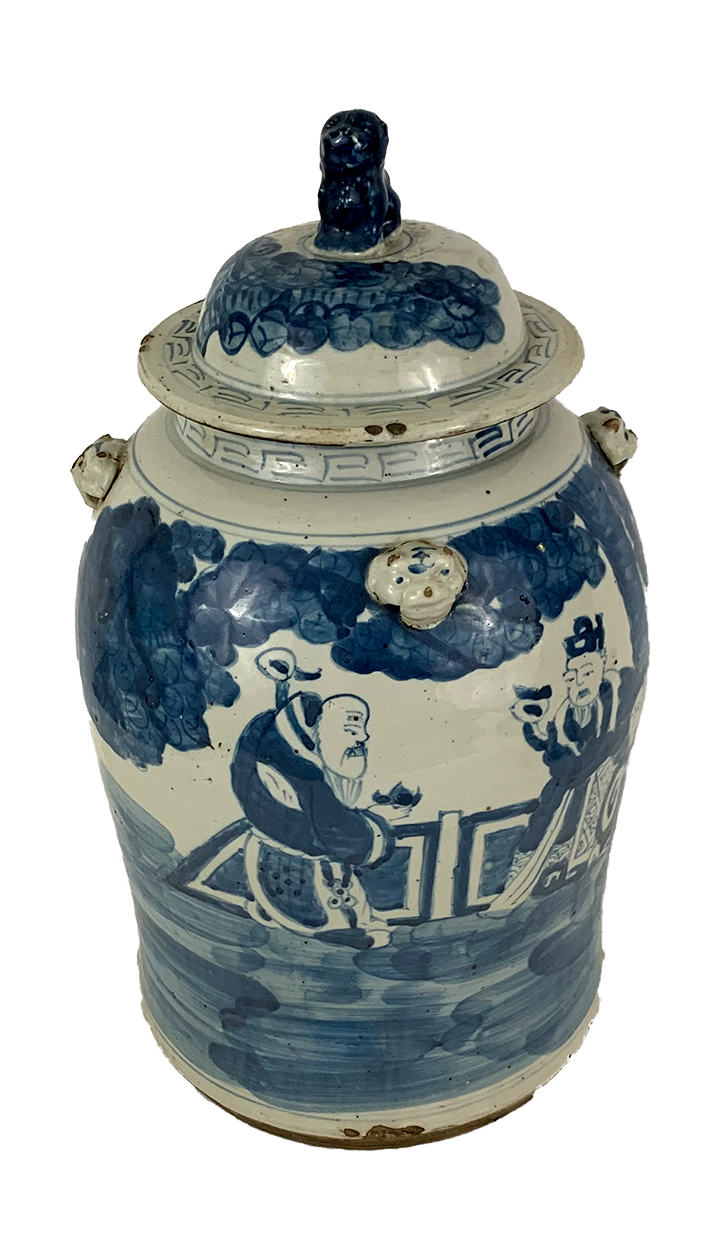 Porcelain blue white temple jar w/people