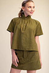 Olive Suede Stand Collar Short Sleeve Blouse