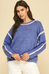 Blue Stitch Embroidered Detail Knit Sweater
