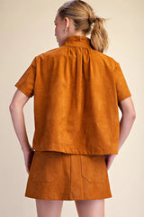 Camel Suede Stand Collar Short Sleeve Blouse