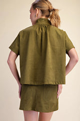 Olive Suede Stand Collar Short Sleeve Blouse