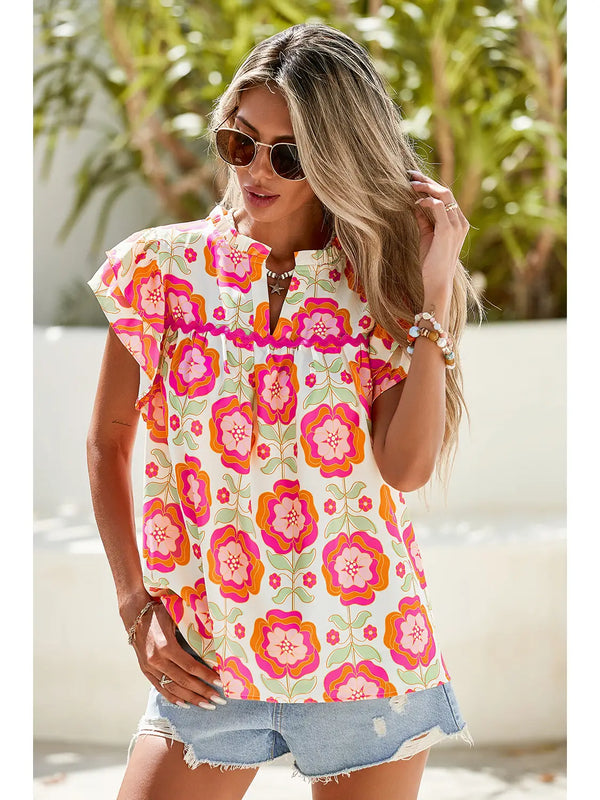 Floral Print Ric Rac Ruffle Sleeve Blouse