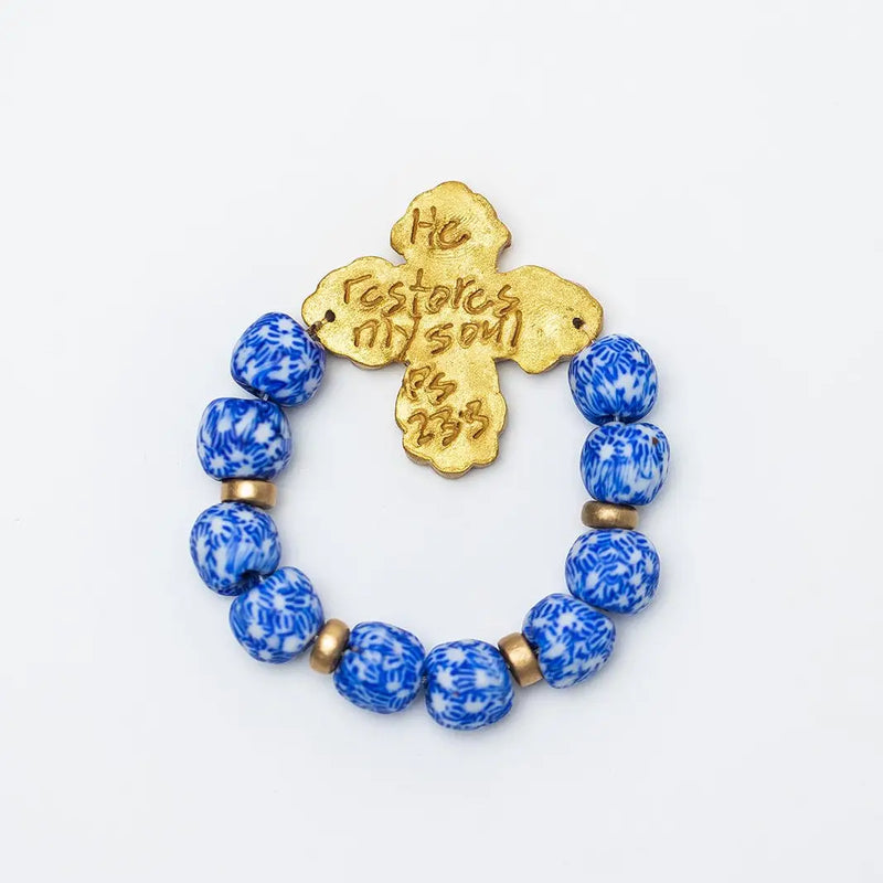 Blue & White African Glass with Susie Cross Bracelet