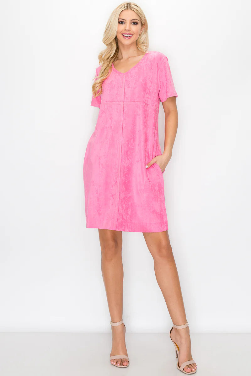 Audrey Bubblegum V Neck Short Sleeve Suede Dress with Pockets