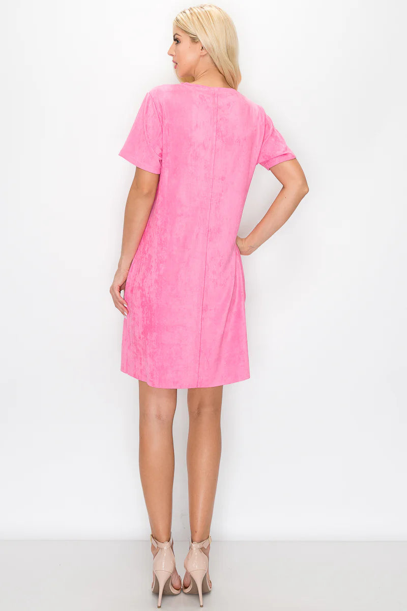 Audrey Bubblegum V Neck Short Sleeve Suede Dress with Pockets