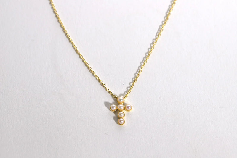 Allison Avery Baby Cross Necklace in Gold Pearl