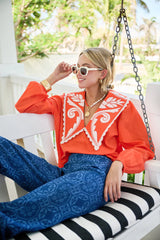 Brooks Avenue Emma Deep V Quilted Collar Blouse in Coral