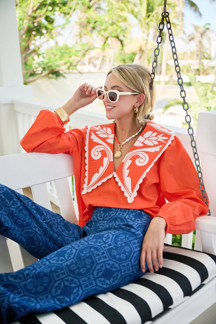 Brooks Avenue Emma Deep V Quilted Collar Blouse in Coral