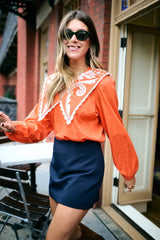 Brooks Avenue Emma Deep V Quilted Collar Blouse in Coral