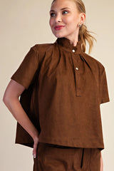 Stand Collar Short-Sleeved Suede Top in Brown