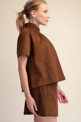 Stand Collar Short-Sleeved Suede Top in Brown