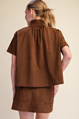 Stand Collar Short-Sleeved Suede Top in Brown