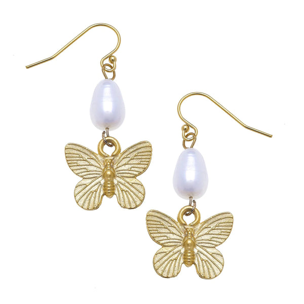 Susan Shaw Gold Butterfly + Pearl Tier Earrings