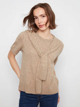 Short Sleeve Crew Neck Sweater With Combined Sleeves Detail in Truffle