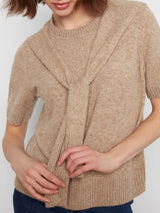 Short Sleeve Crew Neck Sweater With Combined Sleeves Detail in Truffle