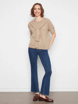 Short Sleeve Crew Neck Sweater With Combined Sleeves Detail in Truffle