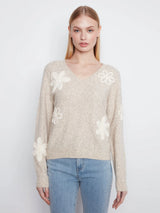 Charlie B Long Sleeve Drop Shoulder V Neck w/ Flower Applique