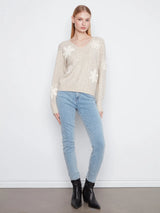 Charlie B Long Sleeve Drop Shoulder V Neck w/ Flower Applique