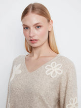 Charlie B Long Sleeve Drop Shoulder V Neck w/ Flower Applique