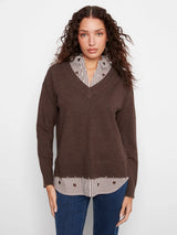 Chocolate Brown V-Neck Fooler Sweater with Brown Hearts