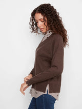 Chocolate Brown V-Neck Fooler Sweater with Brown Hearts