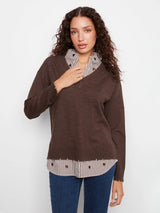 Chocolate Brown V-Neck Fooler Sweater with Brown Hearts