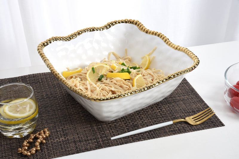 Pampa Bay Large Square Salad Bowl in Gold and White