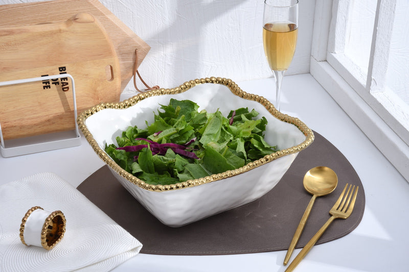 Pampa Bay Large Square Salad Bowl in Gold and White