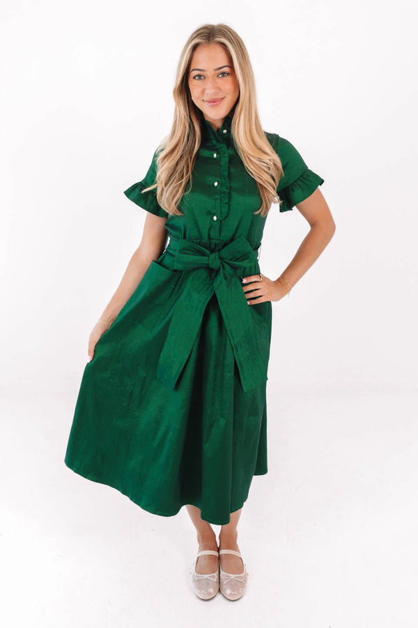 The Collins Button Up Midi Dress in Emerald