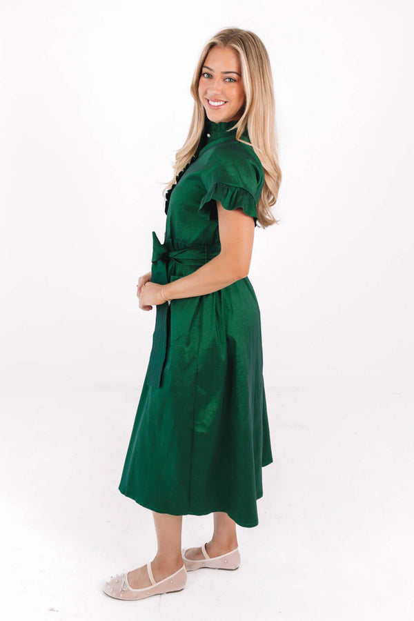 The Collins Button Up Midi Dress in Emerald
