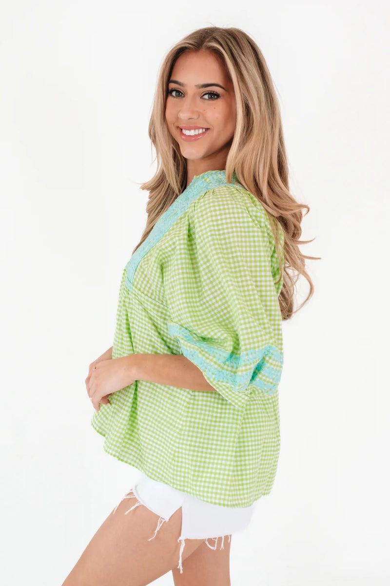 J. Marie Cooper Top in Green and Light Blue Embroidery