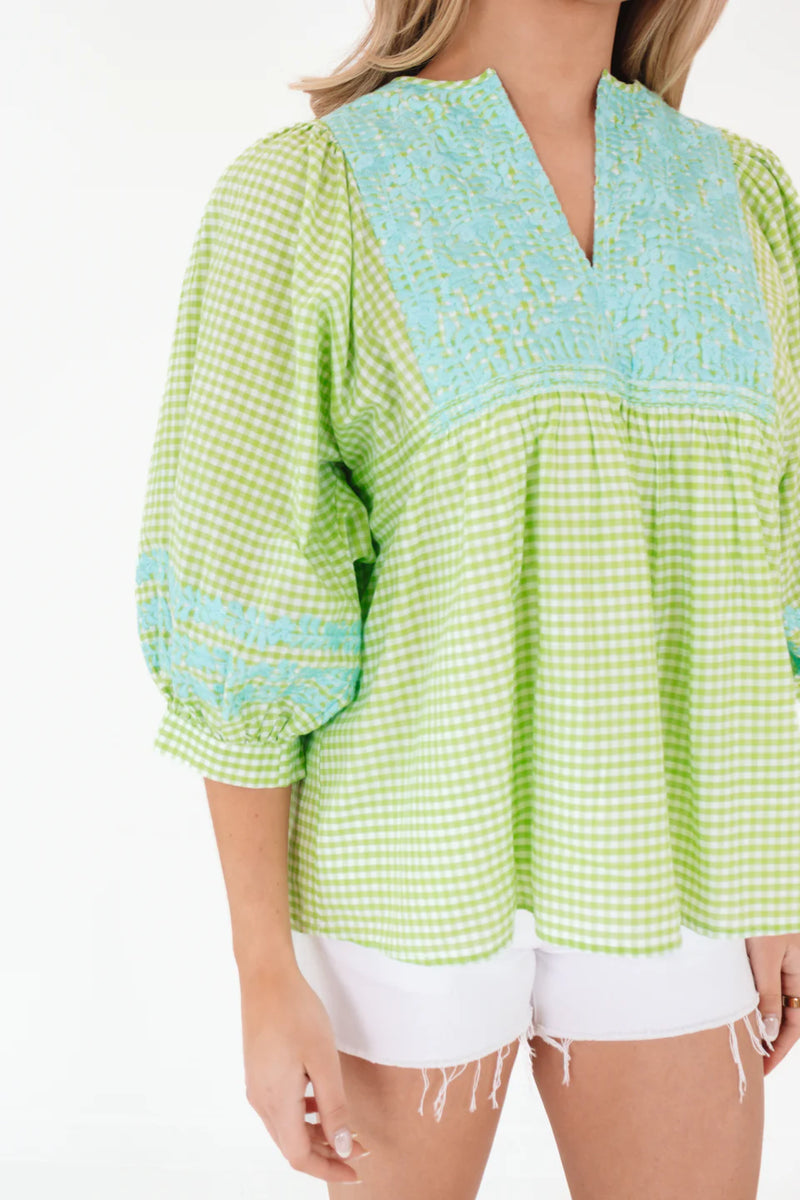 J. Marie Cooper Top in Green and Light Blue Embroidery