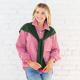 Caryn Lawn Cardi in Forest and Pink