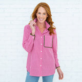 Caryn Lawn Fuchsia Check Blouse with Green Fringe