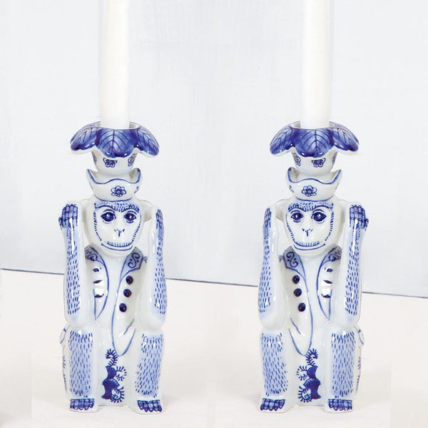 Blue Chinoiserie Monkey Candlestick Set of 2