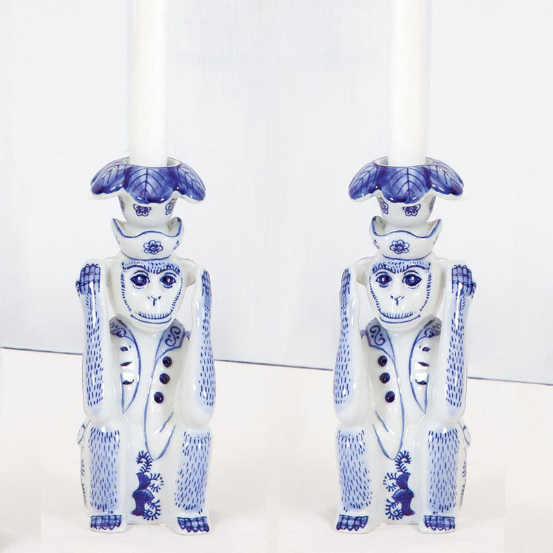 Blue Chinoiserie Monkey Candlestick Set of 2
