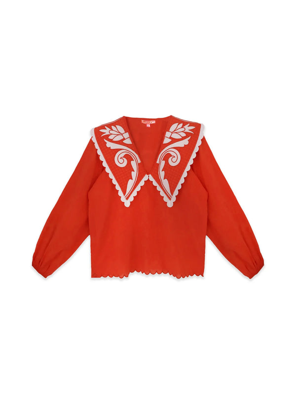 Brooks Avenue Emma Deep V Quilted Collar Blouse in Coral