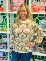 Cream Mock Neck Sweater with Floral Motif