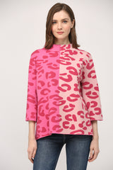 Hot Pink Colorblock Animal Pattern Mock Neck Sweater