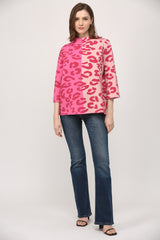 Hot Pink Colorblock Animal Pattern Mock Neck Sweater