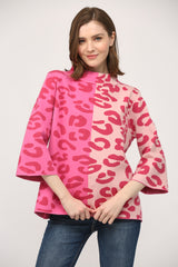 Hot Pink Colorblock Animal Pattern Mock Neck Sweater