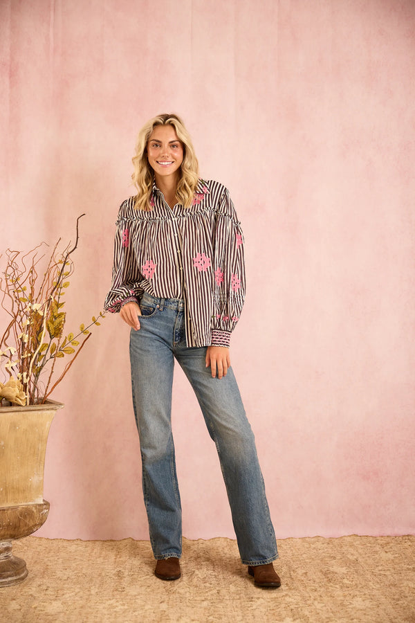 Brooks Avenue Frankie Blouse in Brown Stripe with Pink Embroidery