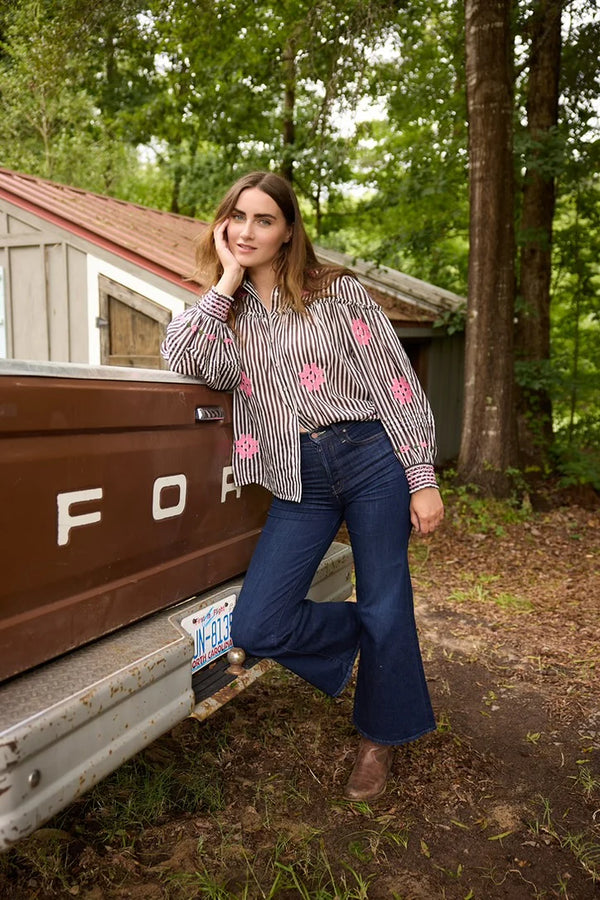 Brooks Avenue Frankie Blouse in Brown Stripe with Pink Embroidery