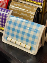 Petite White Stadium Bag in Light Blue Gingham with White Bamboo Stick