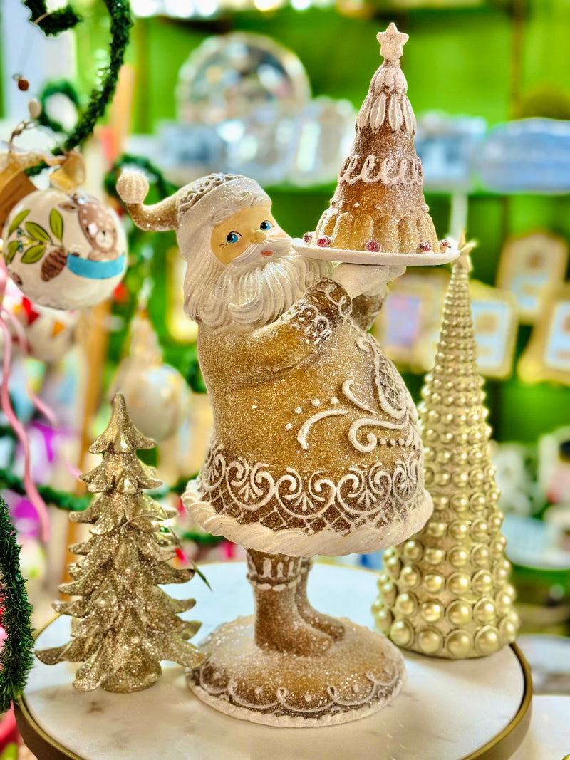 Brown Resin Glittered Gingerbread Santa Holding Cake